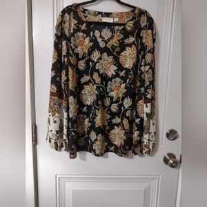 Floral Long Sleeve Blouse - Black and Gold